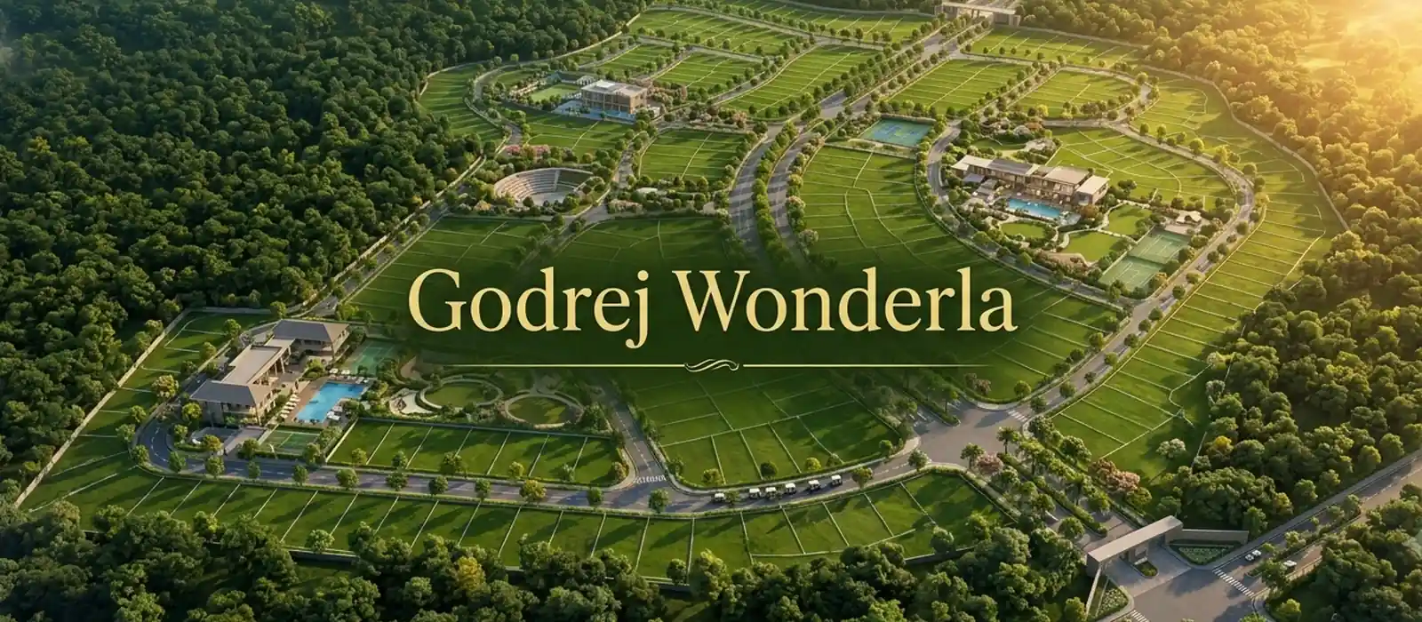 Aerial view of the Godrej Wonderla plotted layout with internal roads and green cover, Thiruporur