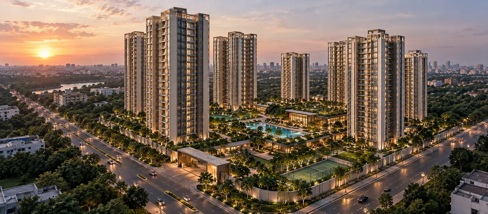 Central green and walkway render at Godrej Wonderla, Chennai