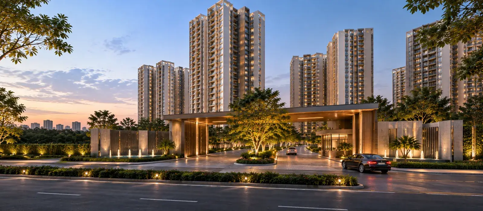 Landscaped arrival drive render at Godrej Wonderla, off OMR, Chennai