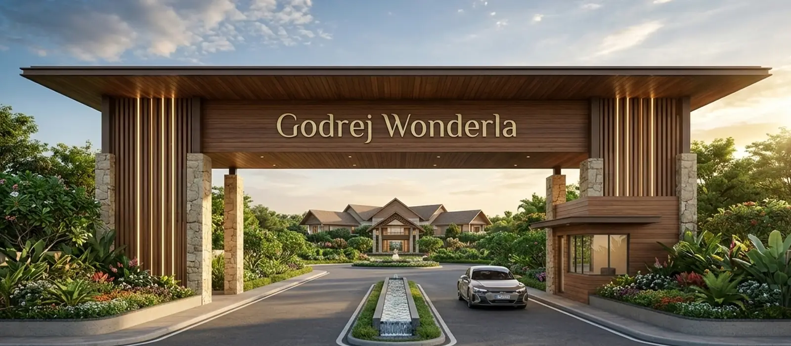 Godrej Wonderla entrance gate and landscaped arrival driveway, Thiruporur, Chennai