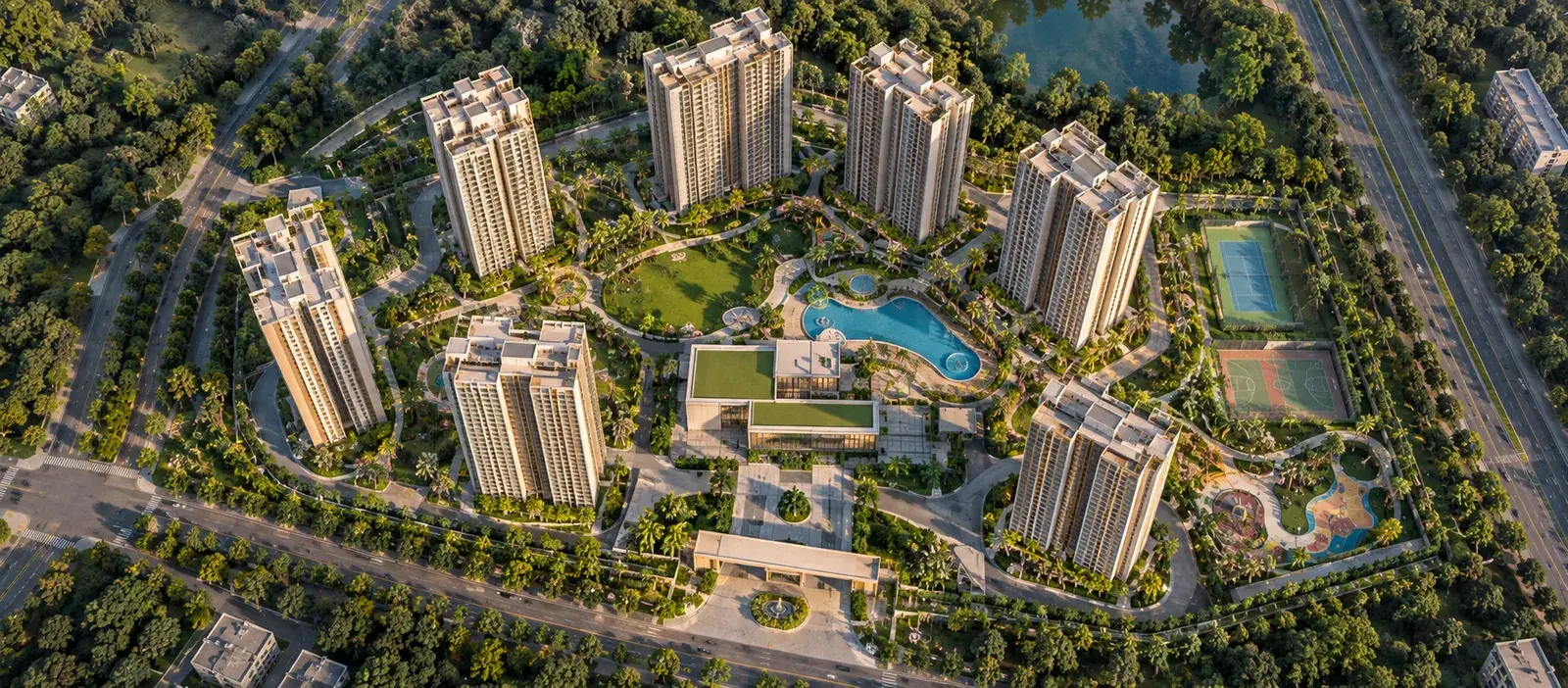 Landscaped open plaza render at Godrej Wonderla, Thiruporur